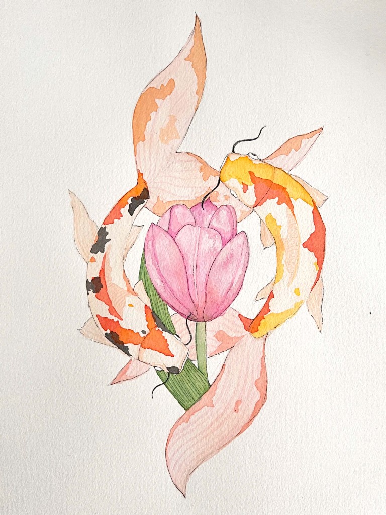 Water-colour painting of tulip and koi fish